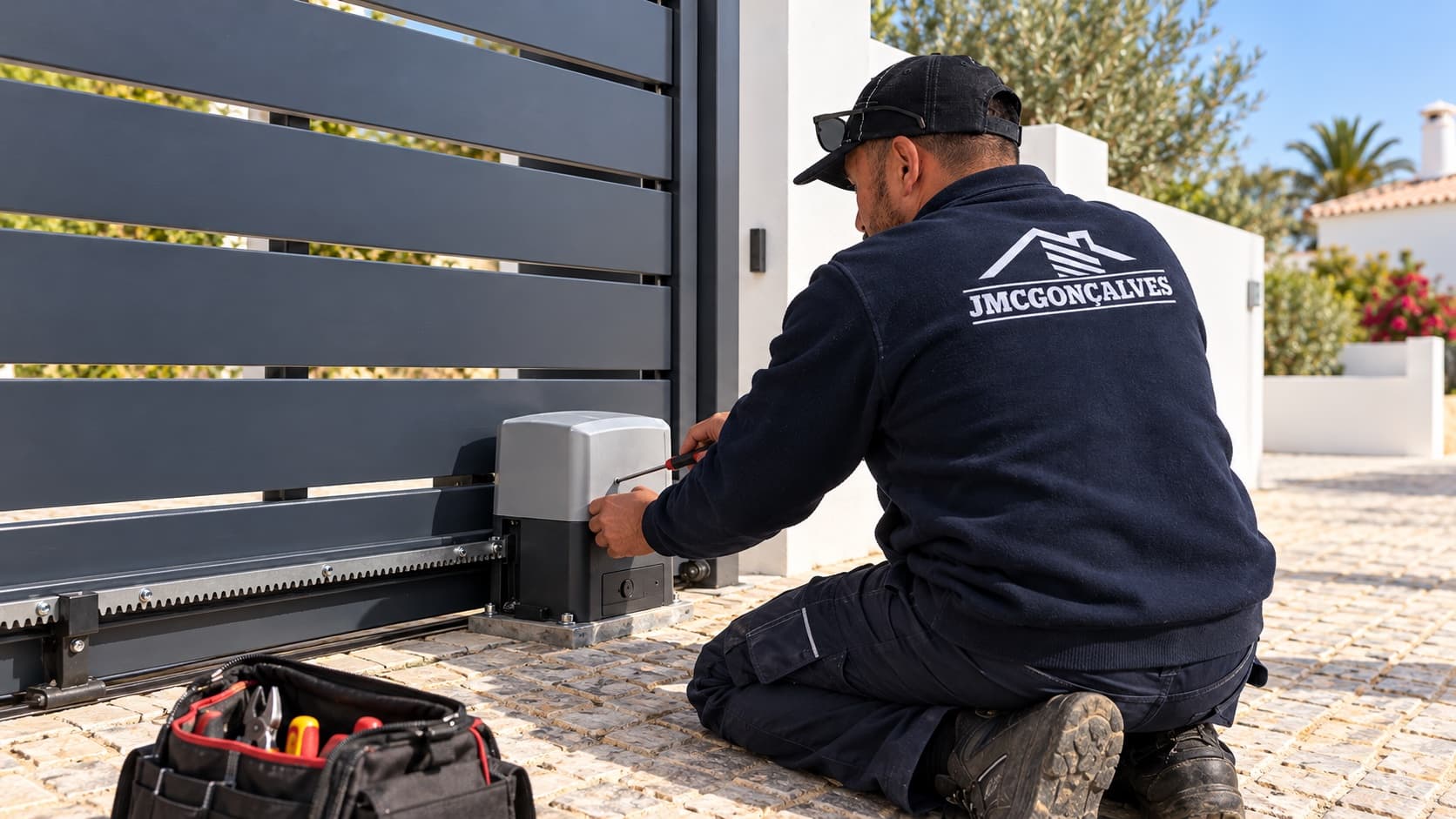 Técnico da JMC Gonçalves a fazer a manutenção do motor de um portão de correr