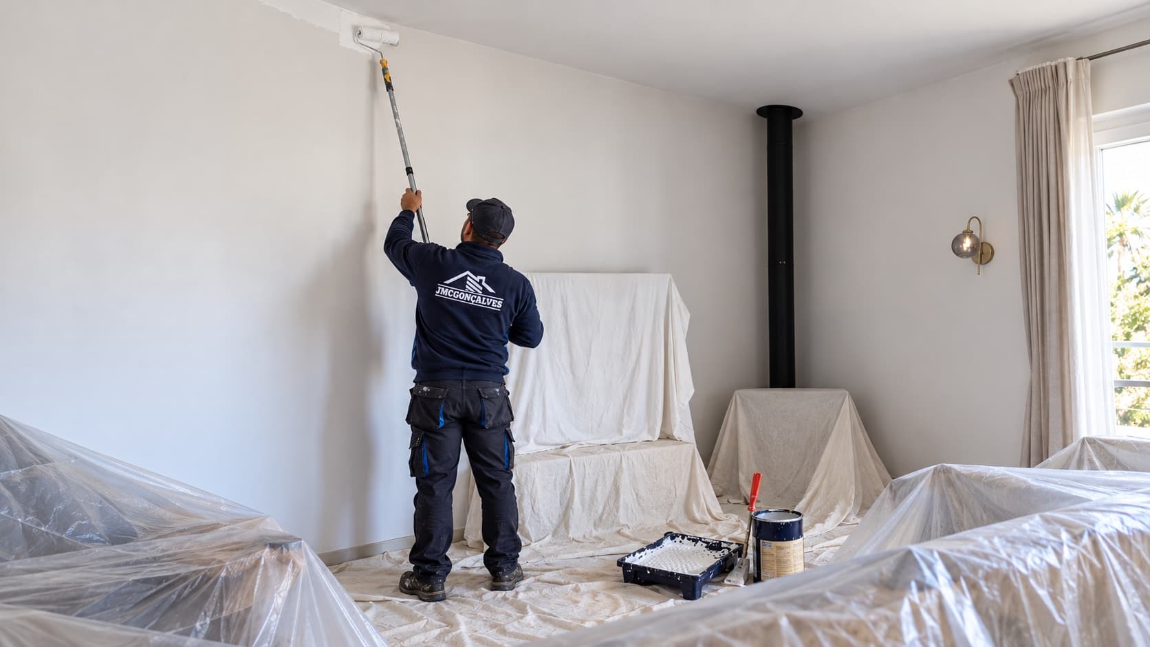 Técnico da JMC Gonçalves a pintar a parede de uma sala com rolo